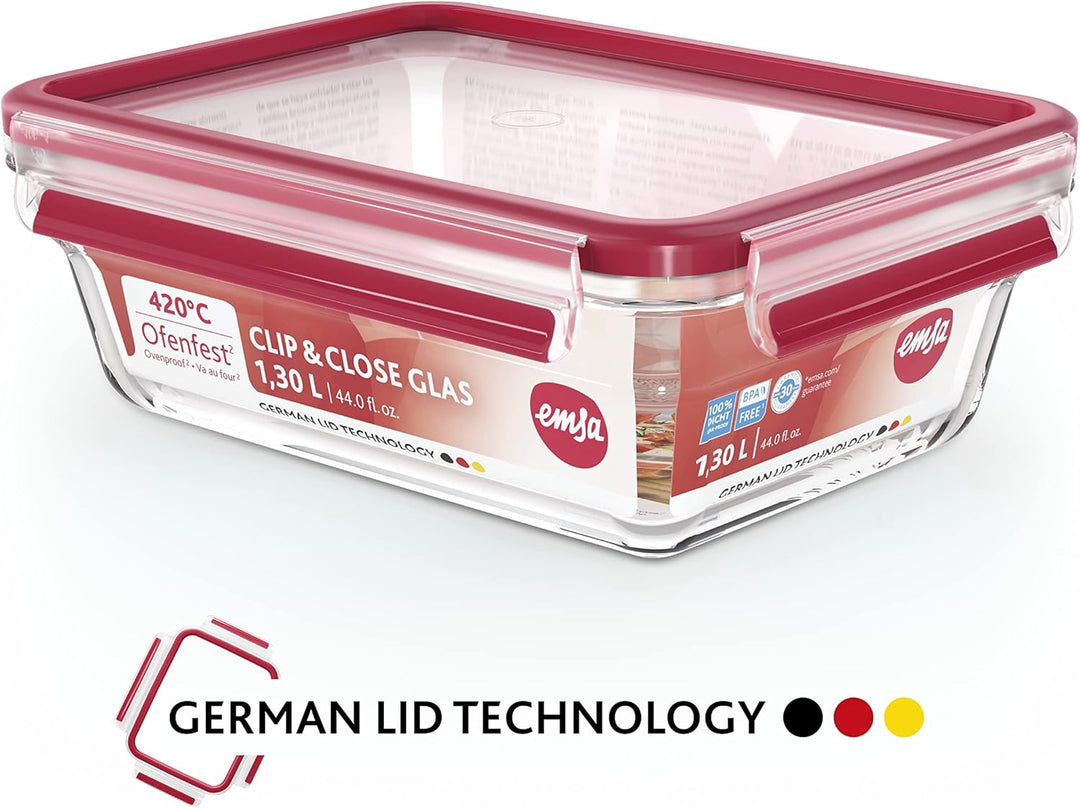 Emsa 516244 Clip & Close Glas Frischhaltedose | 0,7 L | Rechteckig | 100% Dicht | Geeigent für Backo