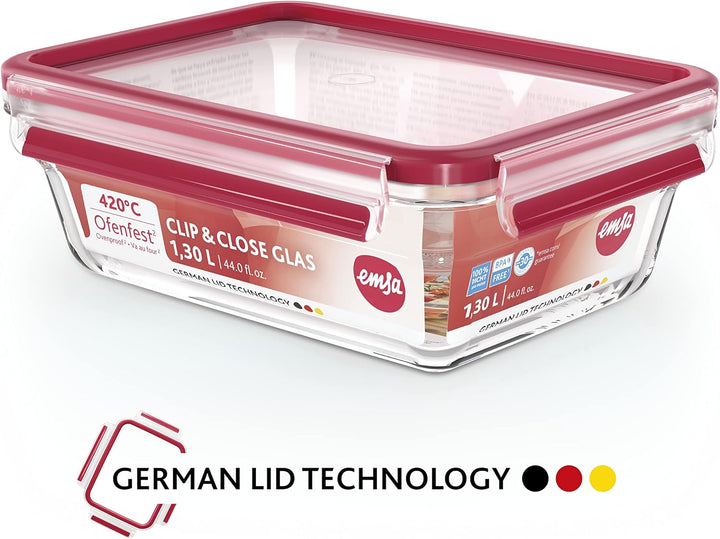 Emsa 516244 Clip & Close Glas Frischhaltedose | 0,7 L | Rechteckig | 100% Dicht | Geeigent für Backo