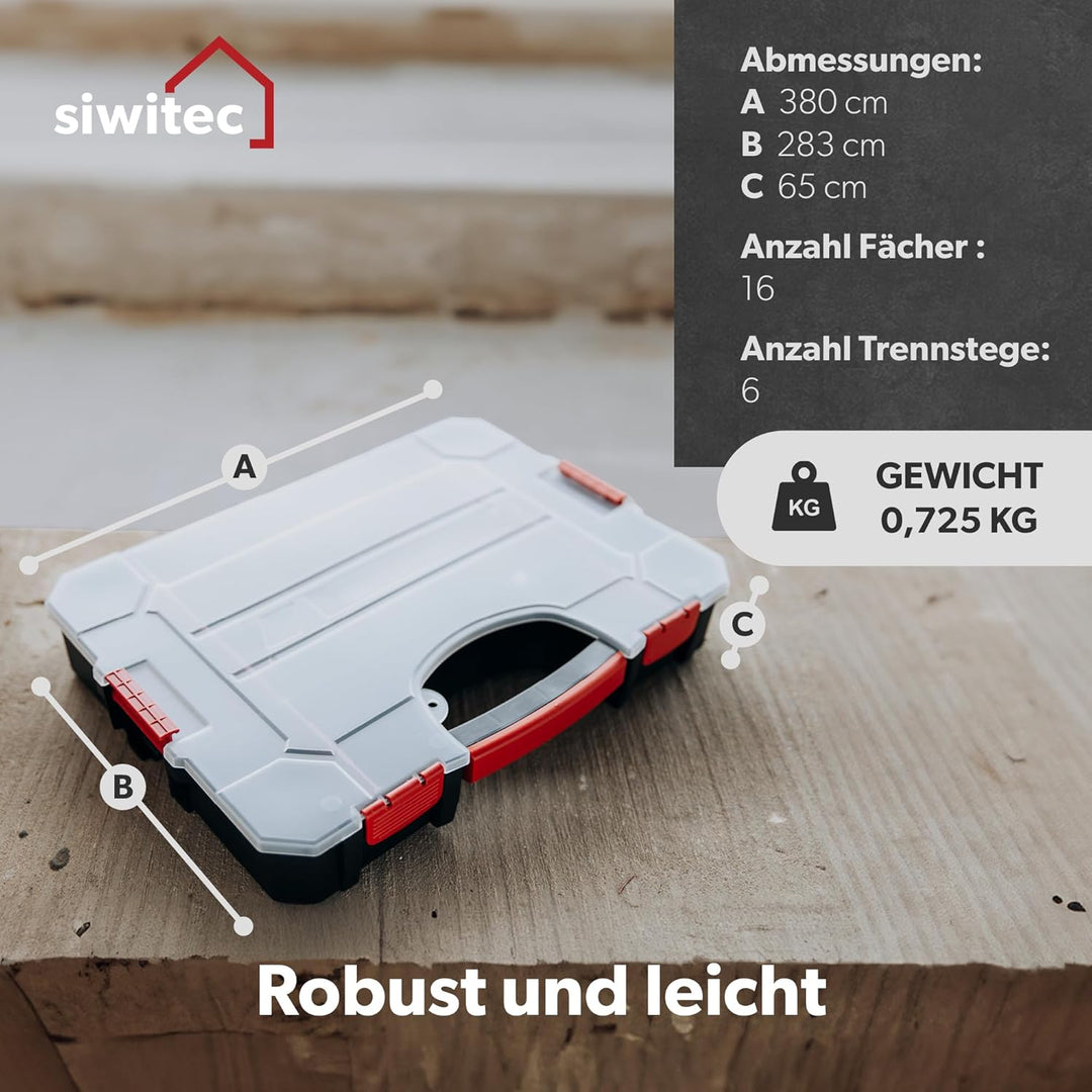 1 x siwitec Sortimentskasten, 16 Fächer und 6 anpassbare Trennstege, Sortimentsbox für Kleinteile, s