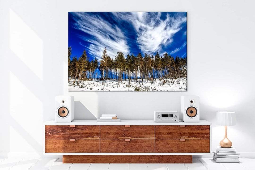 deyoli verschneiter Nadelwald Format: 80x60 als Leinwand, Motiv fertig gerahmt auf Echtholzrahmen, H