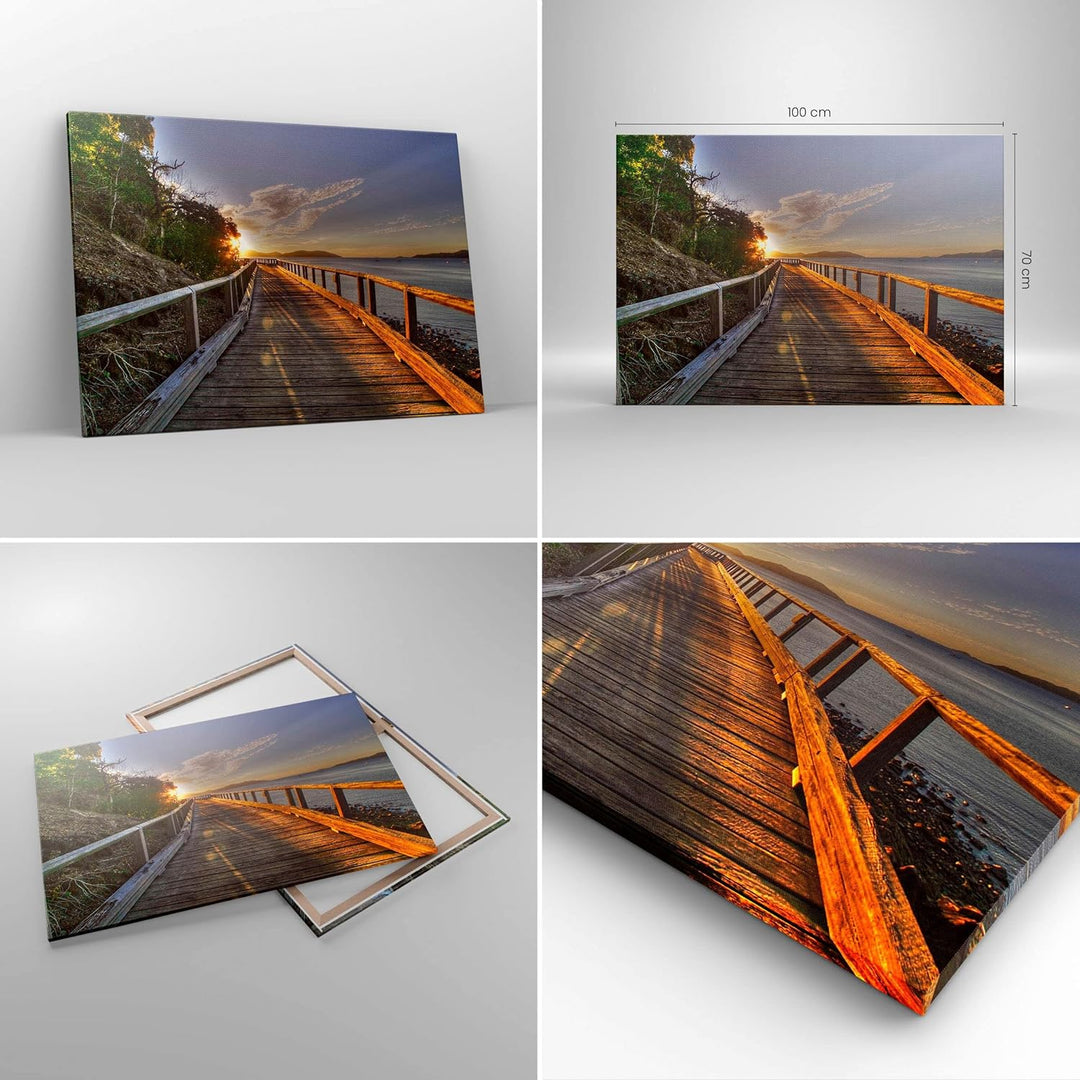 Bilder auf Leinwand 100x70cm Leinwandbild Fussgängerbrücke Himmel Wasser Gross Wanddeko Bild Schlafz