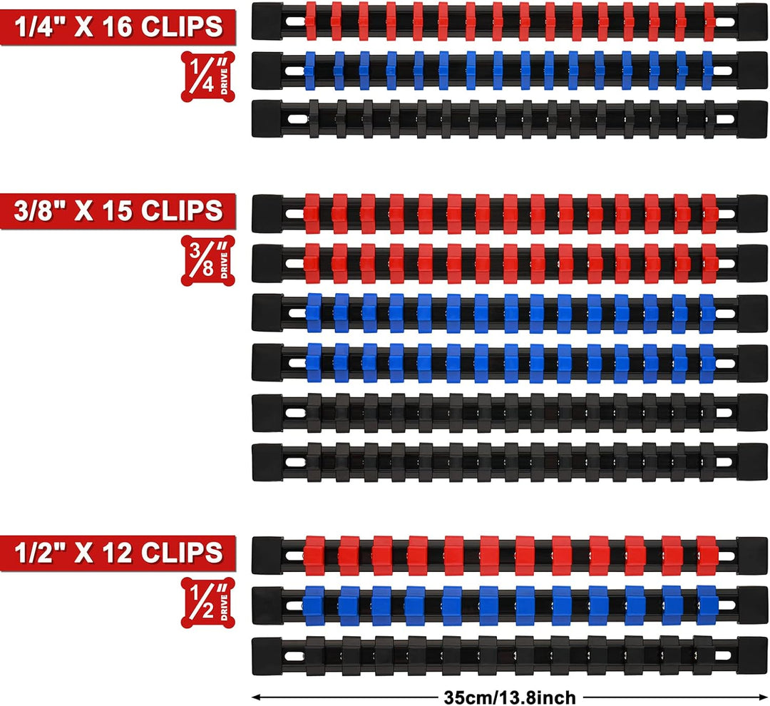 CASOMAN 12PC ABS Socket Organizer, Premium Quality Socket Holders,1/4-Inch x 48 Clips, 3/8-Inch x 90