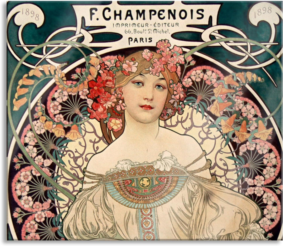 Alfons Mucha - Frau umringt von Blumen Herdabdeckplatte & Spritzschutz aus Echtglas | Für Herd-Kochf