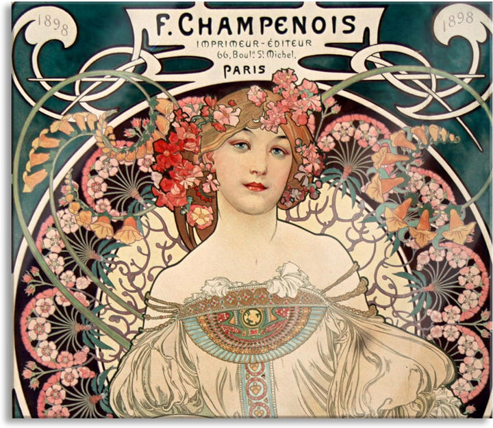 Alfons Mucha - Frau umringt von Blumen Herdabdeckplatte & Spritzschutz aus Echtglas | Für Herd-Kochf