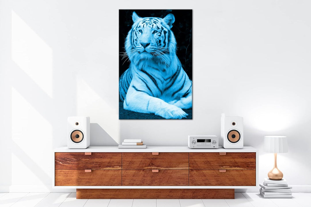 deyoli majestätischer Tiger Format 80x60 Effekt: Monocrome Blau als Leinwandbild, Motiv fertig gerah