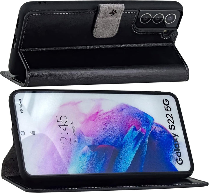 Suncase Book-Style Hülle kompatibel mit Samsung Galaxy S22 5G Leder Tasche (Slim-Fit) Lederhülle Han