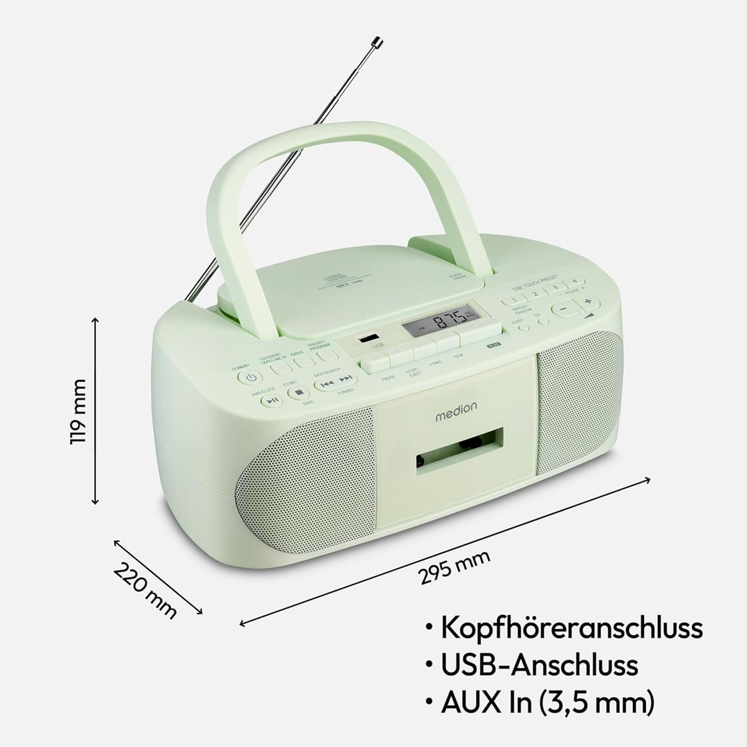 MEDION E65010 Stereoradio (CD-Player, Kassette, USB Anschluss, AUX Audioeingang, MP3-Widergabe. UKW