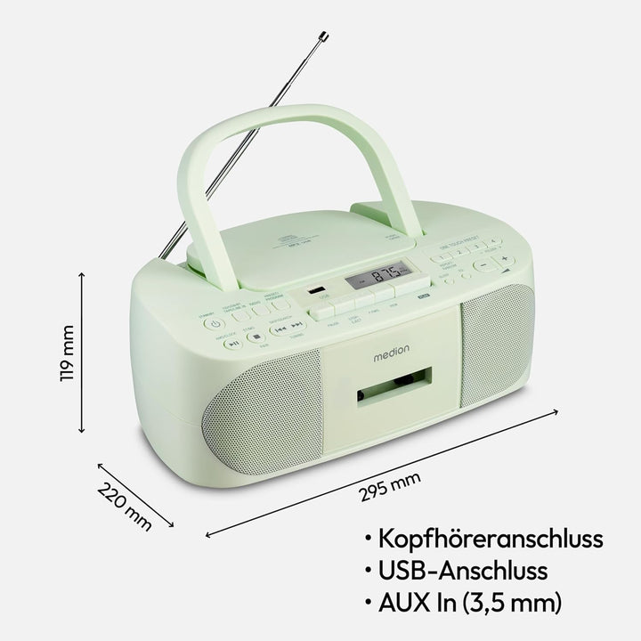 MEDION E65010 Stereoradio (CD-Player, Kassette, USB Anschluss, AUX Audioeingang, MP3-Widergabe. UKW