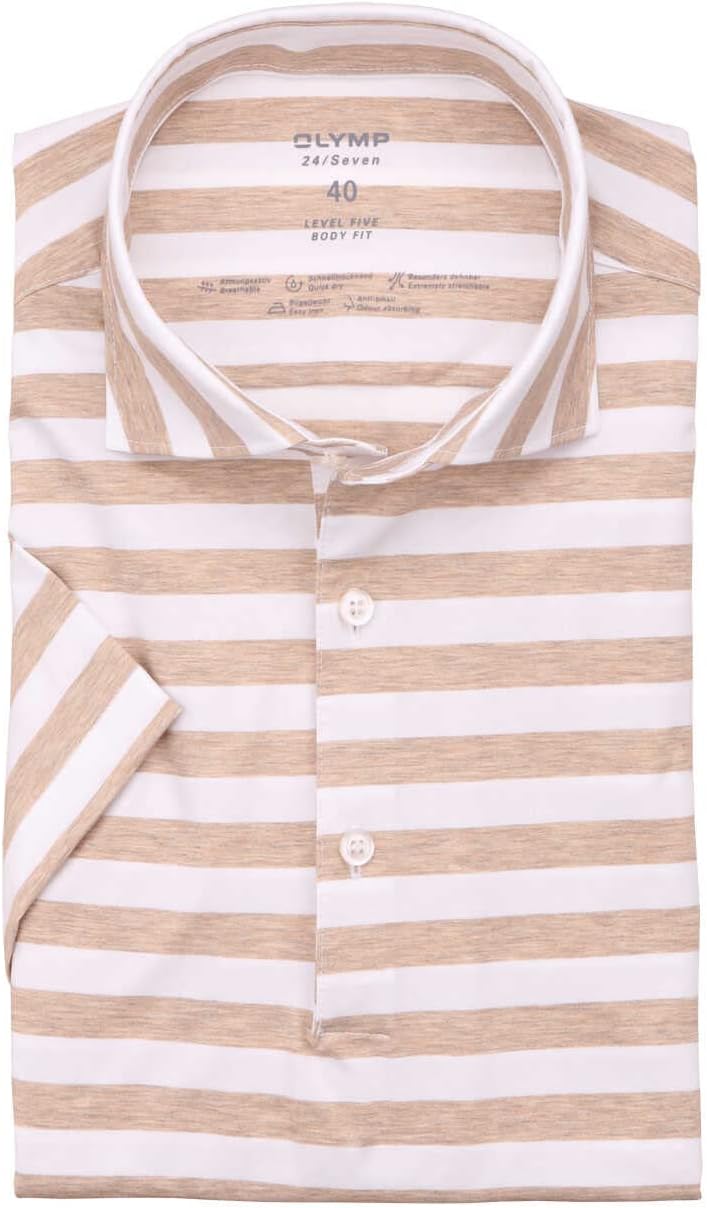 OLYMP Level Five 24/Seven Body fit Schlupfhemd Halbarm Haifischkragen Ringel braun 42 Beige, 42 Beig