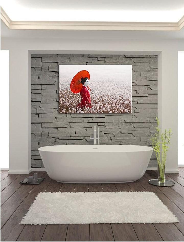 Geisha auf dem Feld, Format: 100x70 auf Leinwand, XXL riesige Bilder fertig gerahmt mit Keilrahmen,