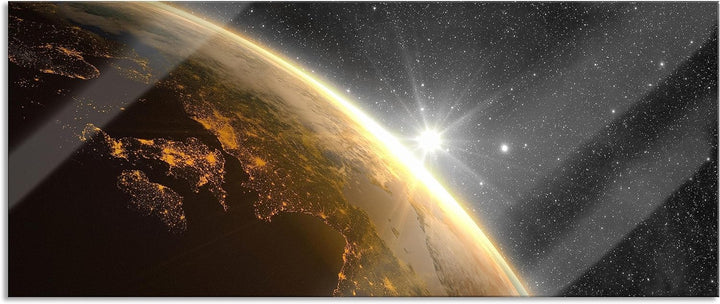 Glasbild Panorama | Wandbild aus Echtglas | Die Sonne und Erde im Weltall | 100x40 cm | inkl. Aufhän