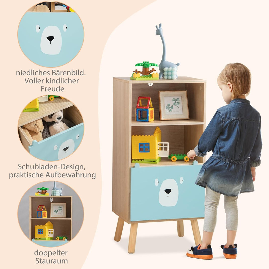 COSTWAY Bßcherregal Kinder mit 3 Ebenen, Kinderregal Holz mit Schublade & 2 offenen Fächer, Spielzeu