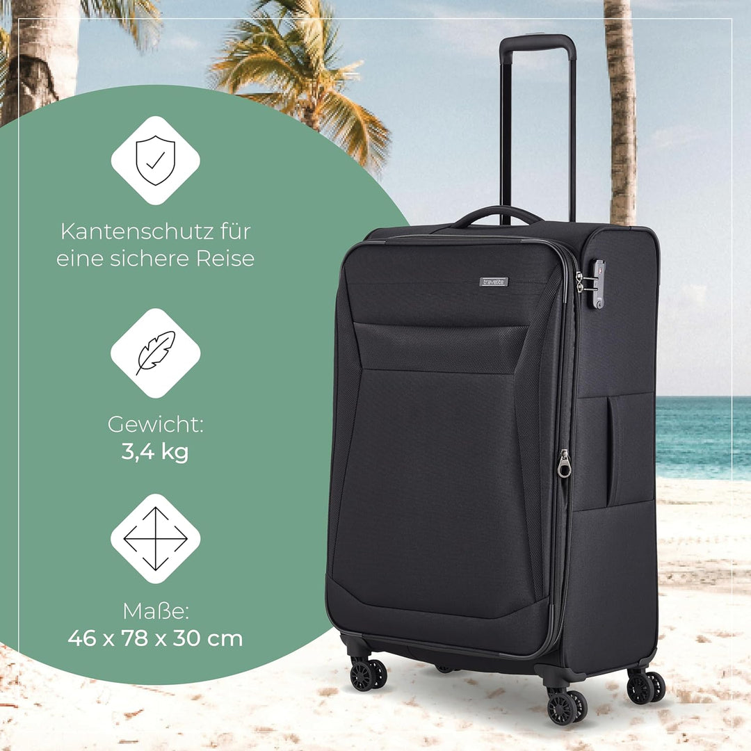 travelite 4-Rad Koffer Grösse L Weichschale, Gepäck Serie CHIOS mit Dehnfalte + Kantenschutz, Trolle