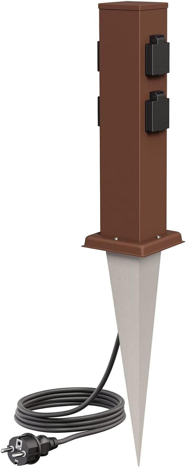 ledscom.de Garten-Steckdosen-Säule Polly mit Erdspiess und 2m Kabel für aussen, IP44, 4-Fach, braun,