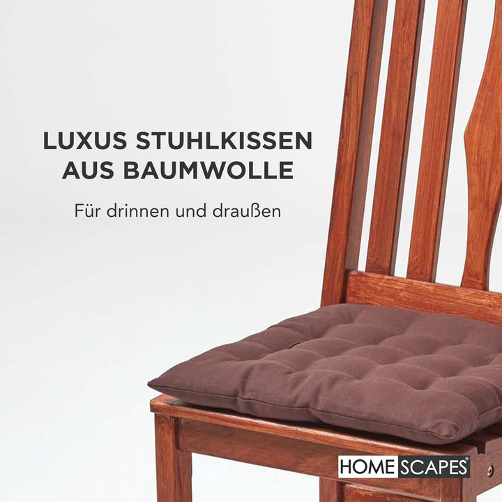 HOMESCAPES 4er Set Stuhlkissen 40 x 40 cm, braun, Sitzkissen mit Bändern und Knopfverschluss, einfar