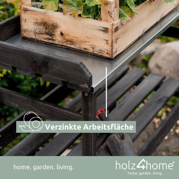 holz4home® Holz Pflanztisch Schwarz mit 2 Ablagen aus Fichtenholz I Tisch für Gartenarbeiten im Inne