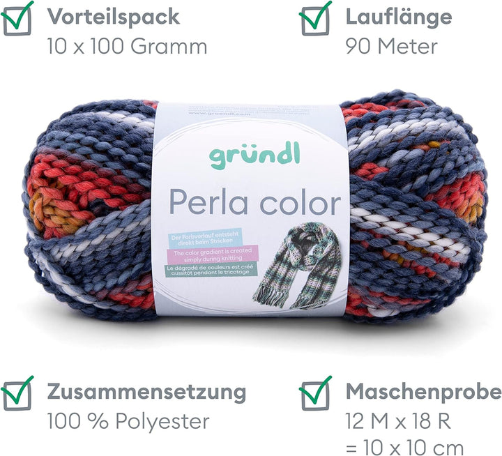 Gründl Wolle Perla color (wollähnliches Handstrickgarn aus 100% Polyester, 100 g / 90 m, Nadelstärke