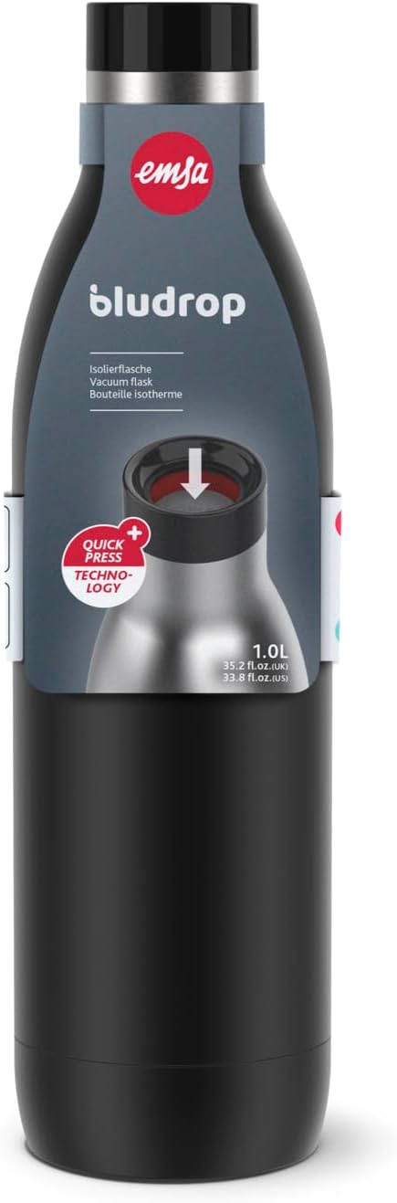 Emsa Bludrop Isolier-Trinkflasche, wiederverwendbar, Edelstahl, nachhaltig, Pulverbeschichtung, 360°