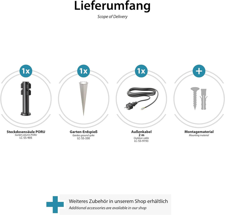 ledscom.de Garten-Steckdosen-Säule PORU mit Erdspiess und 2m Kabel für aussen, 4-Fach, Edelstahl, sc
