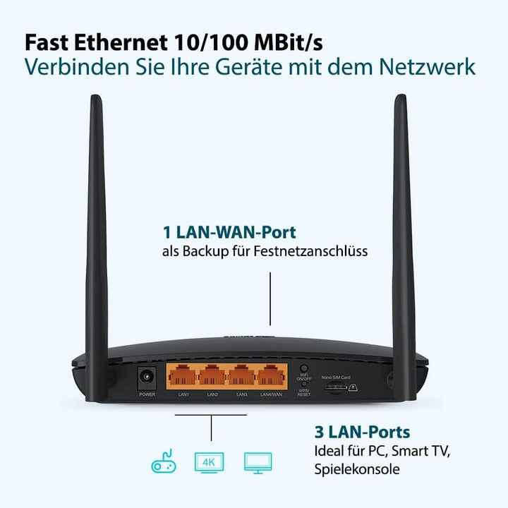 TP-Link TL-MR6400 LTE Router, 4G Router unterstützt SIM Karten, 4G Cat4 bis zu 150 Mbit/s, WLAN 2.4G