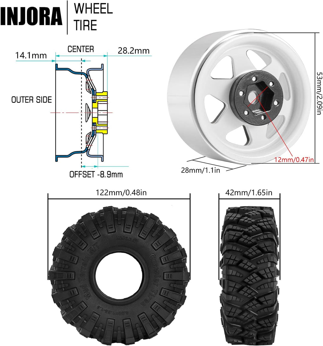 INJORA 1.9 Schlamm Reifen Sat Offset -8.9mm Beadlock Felge für 1/10 RC Crawler Auto Axial SCX10 9004