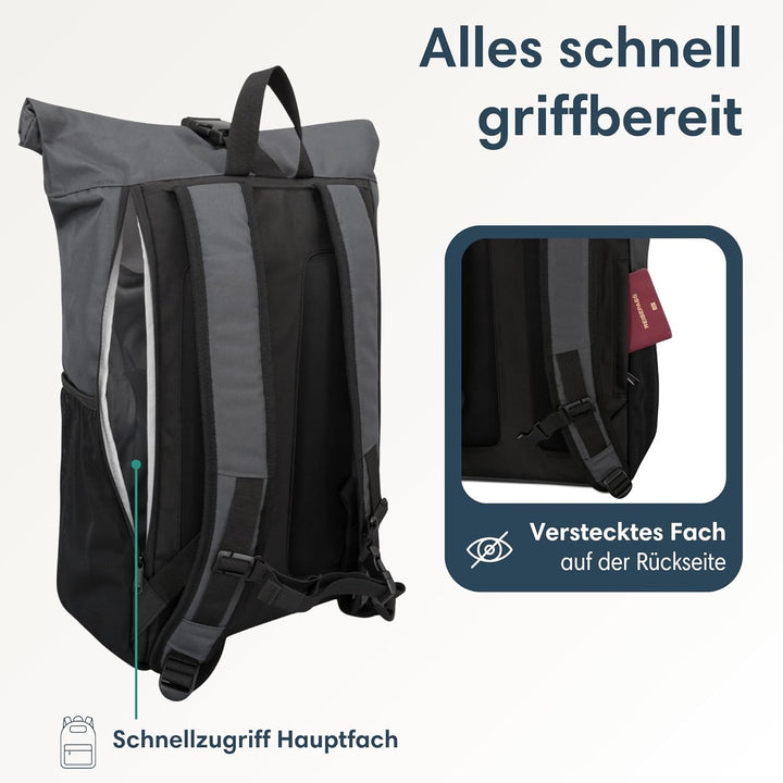 LARKSON Rolltop Rucksack Herren & Damen Gross Anthrazit - No 2 - Daypack für Schule, Uni, Fahrrad -