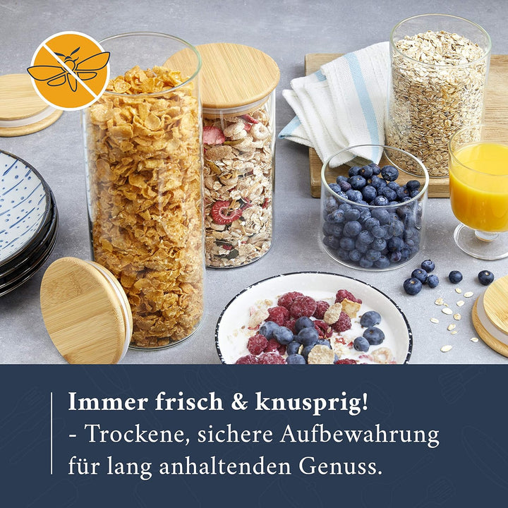 HIKITCHEN® Vorratsgläser aus 3mm dickem Borosilikatglas - Vorratsdosen Glas mit Bambusdeckel, Glasbe