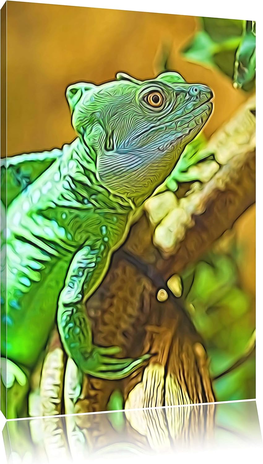 grünes Chamäleon Deluxe Format: 100x70 cm auf Leinwand, XXL riesige Bilder fertig gerahmt mit Keilra