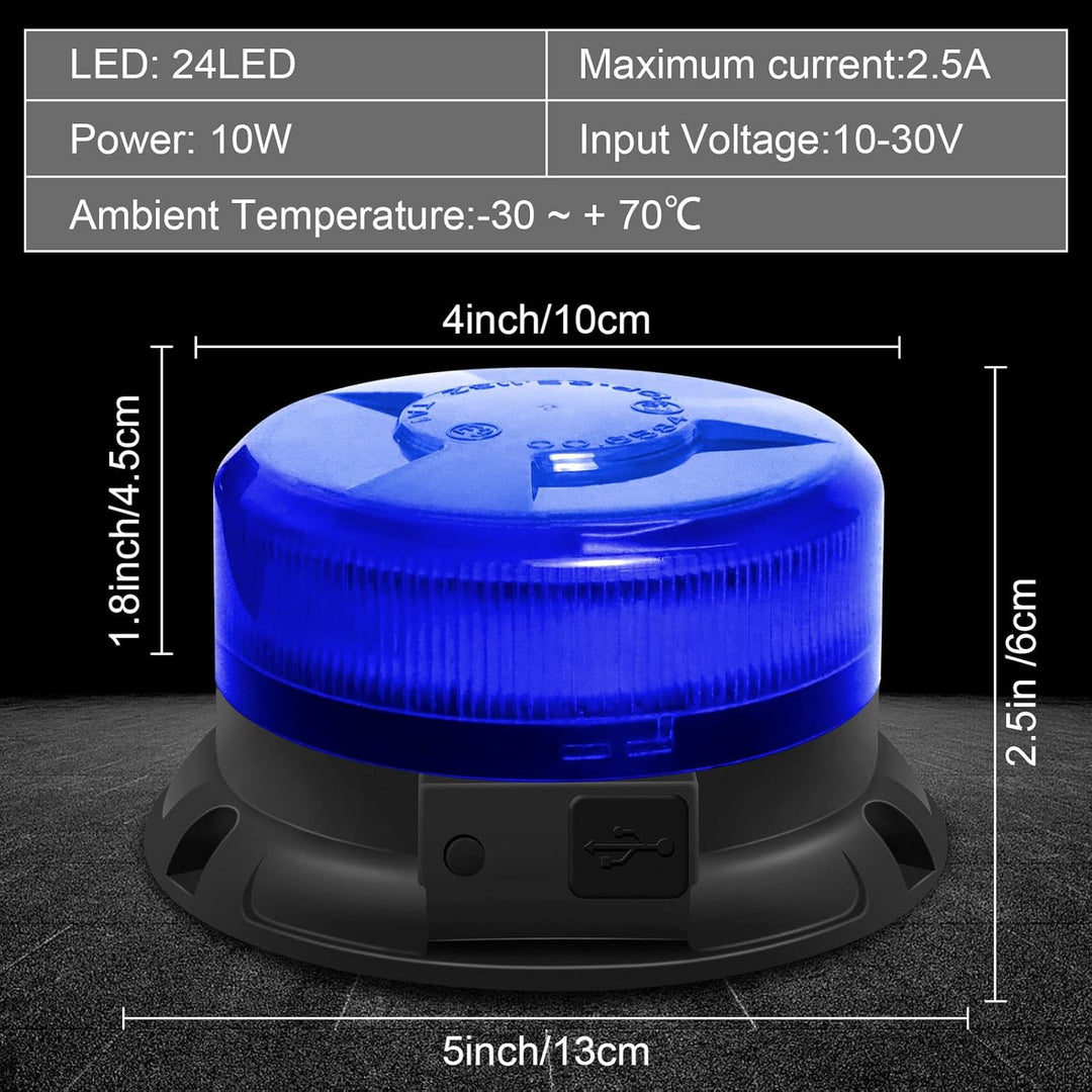 Dinfu Blaulicht akku LED Rundumleuchte blau batterie Blitzleuchten Magnetfuss 9 Blinkend Leuchtmodi