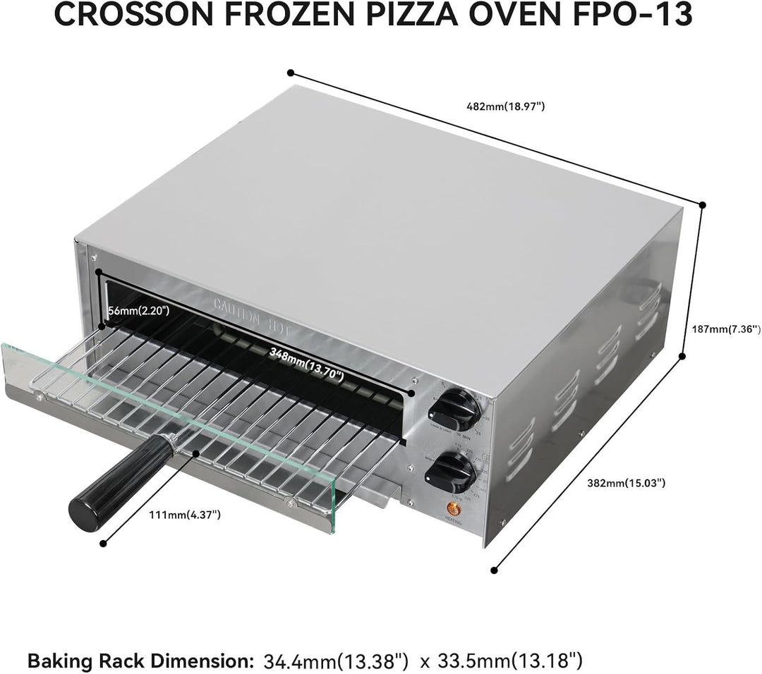 CROSSON Elektrischer Tiefkühl-Pizzaofen für den Innenbereich mit 30-Minuten-Timer, Glastür und Innen