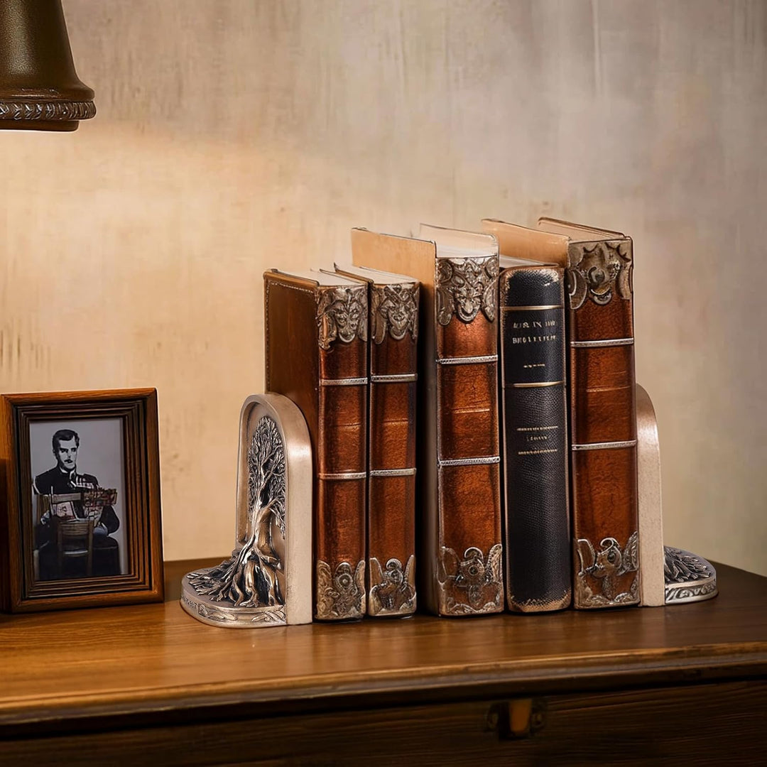 Schwere Buchstützen Baum des Lebens aus Kunstharz - 2er Set in bronzefarbener Optik mit Rutschfester