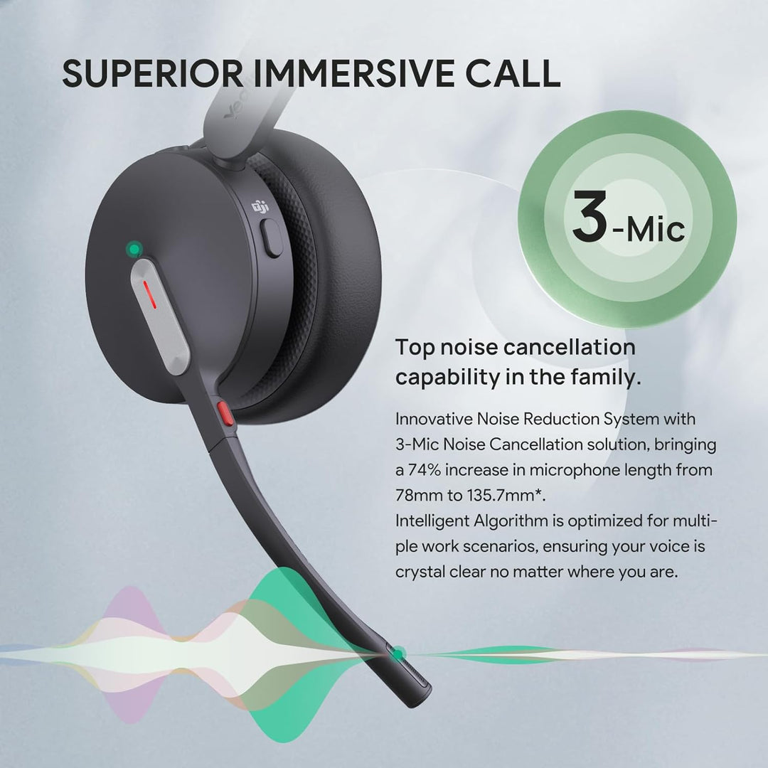 Yealink BH70 Drahtloses Bluetooth-Headset mit Mikrofon für die Arbeit, bis zu 35h Sprechzeit, 3-Mikr