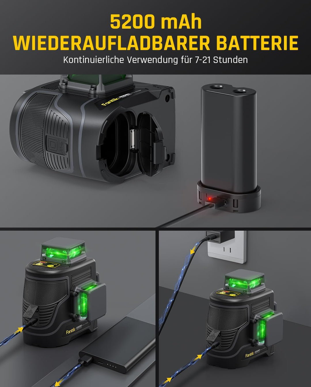 Fanttik D12 PLUS Selbstnivellierend Kreuzlinienlaser, Grün Linienlaser 12 Linien 3×360°, 5200 mAh Ab