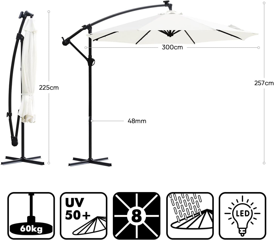 Sekey® LED Solar Ampelschirm 300cm LED Sonnenschirm-Solarbetrieben - UV50+ Sonnenschutz - Robust und