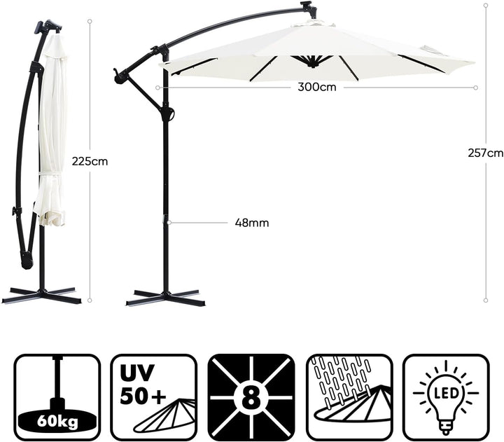 Sekey® LED Solar Ampelschirm 300cm LED Sonnenschirm-Solarbetrieben - UV50+ Sonnenschutz - Robust und