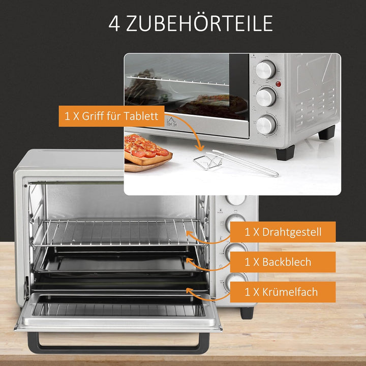 HOMCOM Minibackofen 32L 1600W Elektrischer Mini Ofen mit Schlackenauffangwanne Metall Edelstahl Glas
