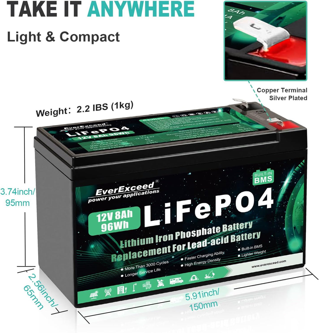 12V 8Ah Wiederaufladbare Lithium Batterie, 12v Batterie mit integriertem BMS, 3000+ Tiefe Zyklen Bat