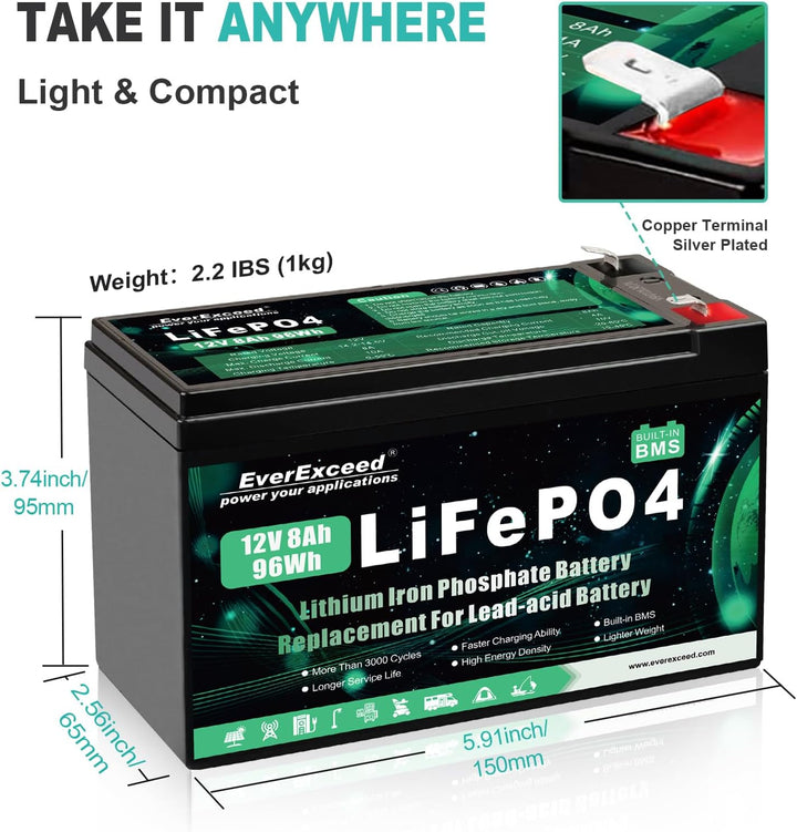 12V 8Ah Wiederaufladbare Lithium Batterie, 12v Batterie mit integriertem BMS, 3000+ Tiefe Zyklen Bat