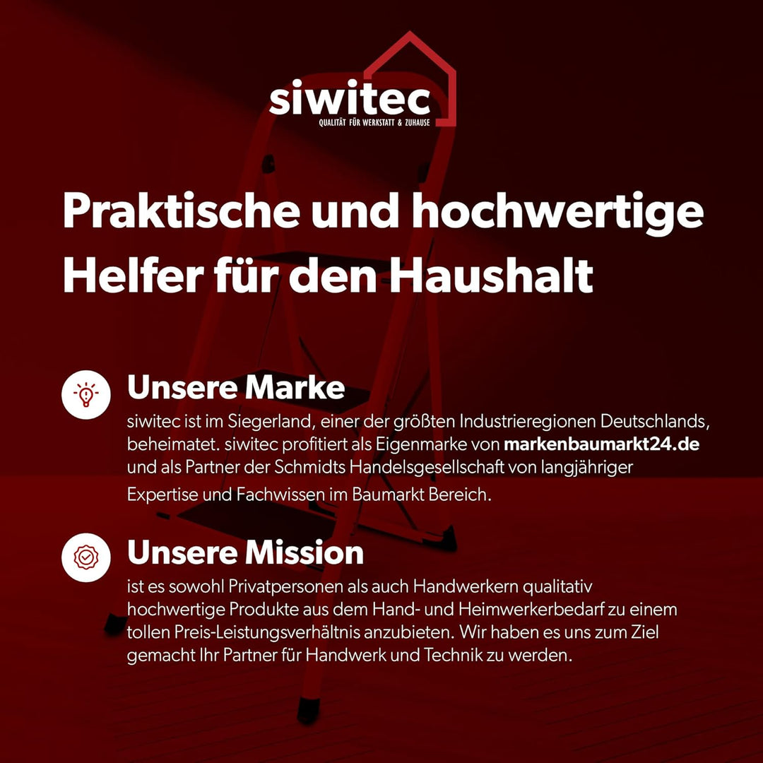 siwitec Klapptritt aus Stahl mit 2 Stufen, Weiss, kleine Leiter mit Anti-Rutschmatten, 150 kg Tragla