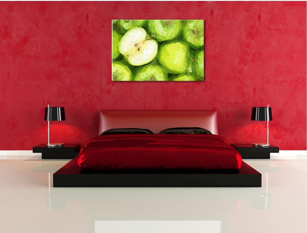 Grüne Äpfel Pinsel Effekt, Format: 100x70 auf Leinwand, XXL riesige Bilder fertig gerahmt mit Keilra