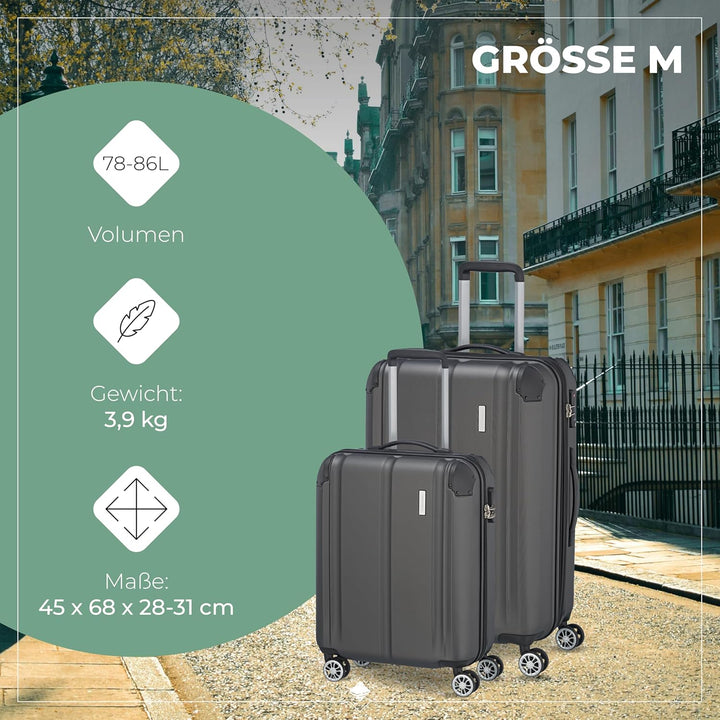 Travelite 4-Rad Koffer Set Grössen L/M/S mit TSA Schloss + Dehnfalte (ausser Grösse S), Gepäck Serie