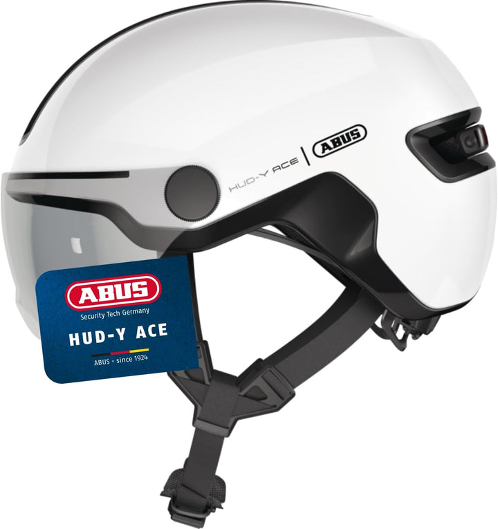 ABUS Stadthelm HUD-Y ACE - stylischer Fahrradhelm mit Visier und magnetischem, aufladbarem LED-Rückl