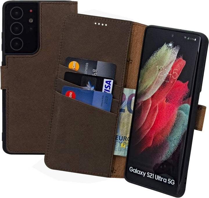 Suncase Book-Style Hülle kompatibel mit Samsung Galaxy S21 Ultra 5G Leder Tasche (Slim-Fit) Lederhül