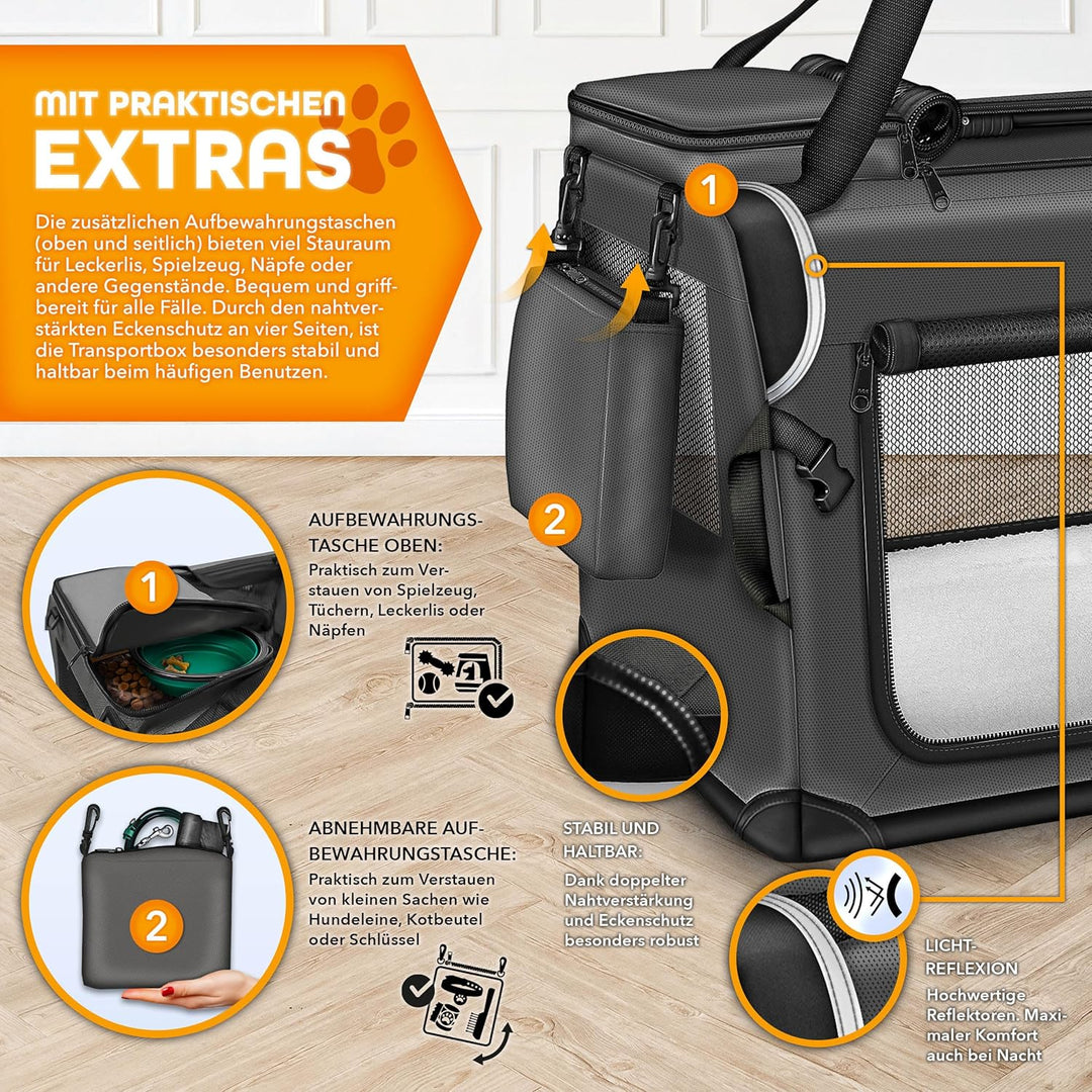 TRESKOยฎ Hundebox faltbar inkl. Leckmatte, Spatel & Reflektoren XL 83x58x58cm | Transportbox fรผr Hund