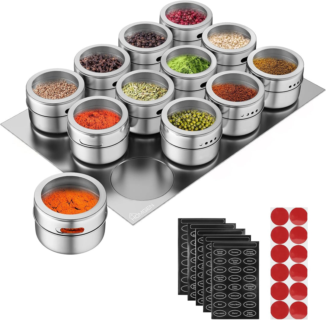 HOMGEN Gewürzdosen Magnetisch Edelstahl 12 Stück Gewürzgläser Set Magnet 100ml Gewürze Spice Jars mi