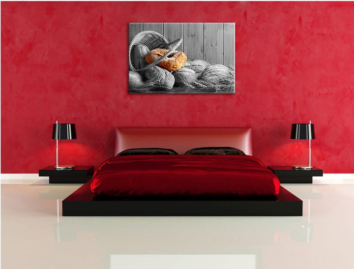 frisch gebackene Brötchen in geflochtenem Korb schwarz/weiss Format: 100x70 auf Leinwand, XXL riesig