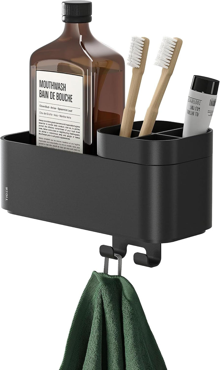 Tiger 2-Store Badezimmerablage mit integriertem Zahnbürstenhalter und Haken, Badregal für Dusche und