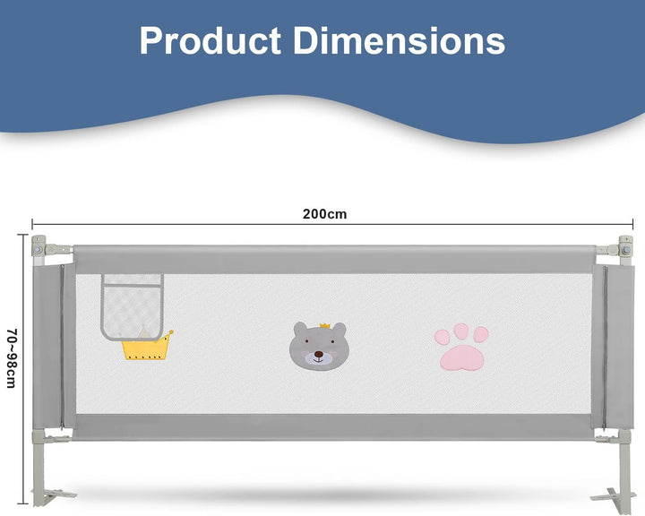Tubiaz 200cm Bettgitter Rausfallschutz, Kinderbettgitter Höhenverstellbar 70-98cm, Bettschutzgitter