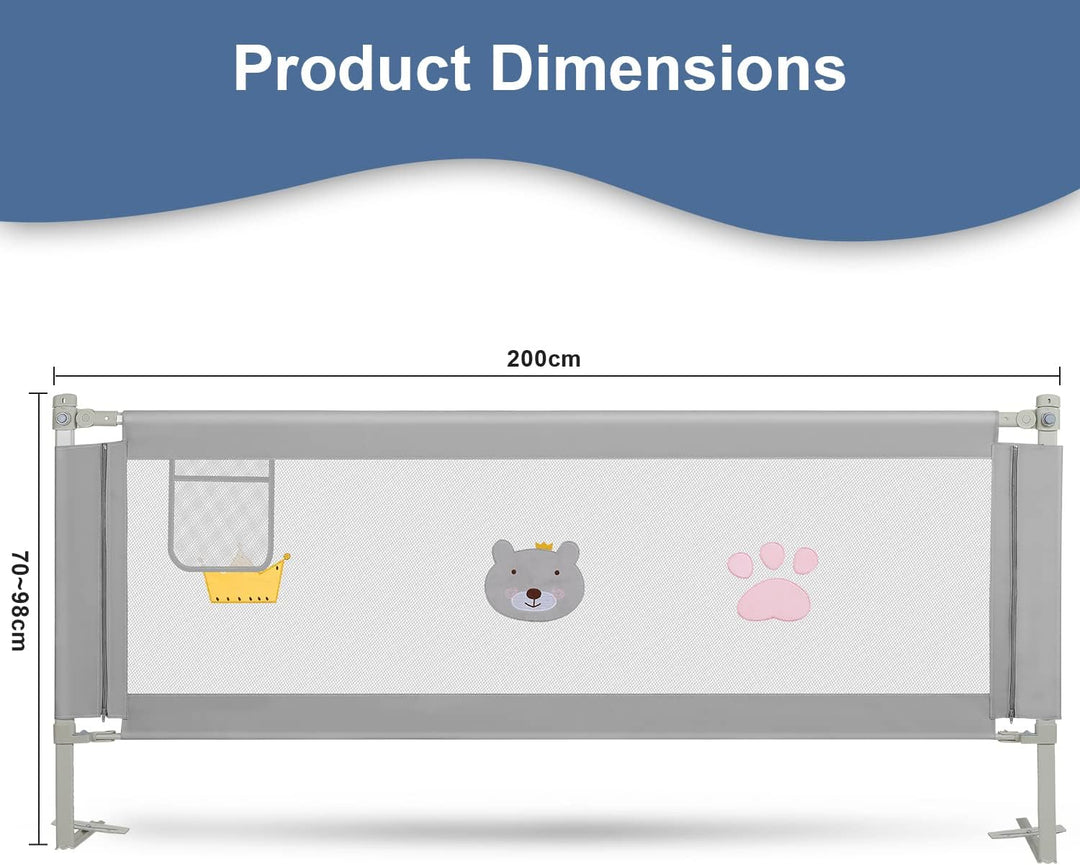 Tubiaz 200cm Bettgitter Rausfallschutz, Kinderbettgitter Höhenverstellbar 70-98cm, Bettschutzgitter