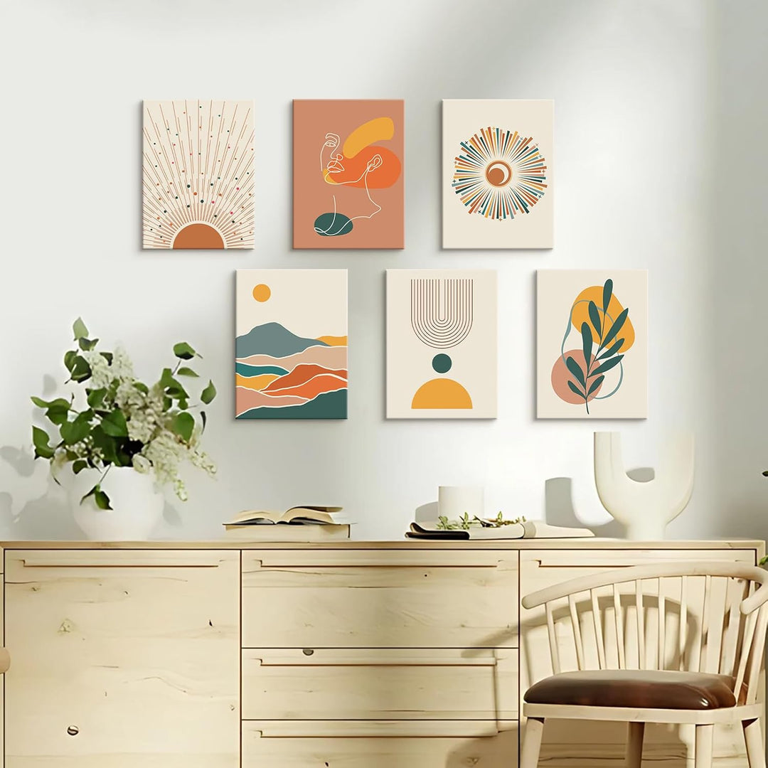 6Pcs Leinwand Bilder Set Mit Rahmen Boho Beige Geometrische Linien Bild auf Leinwand Bohemian Bunte
